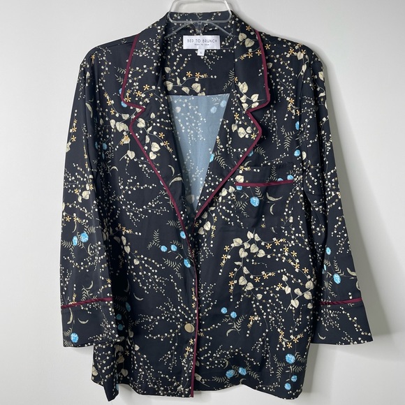 Bed to Brunch Botanical Floral Print Pajama Loungewear Notch Collar Button Shirt - Picture 1 of 13